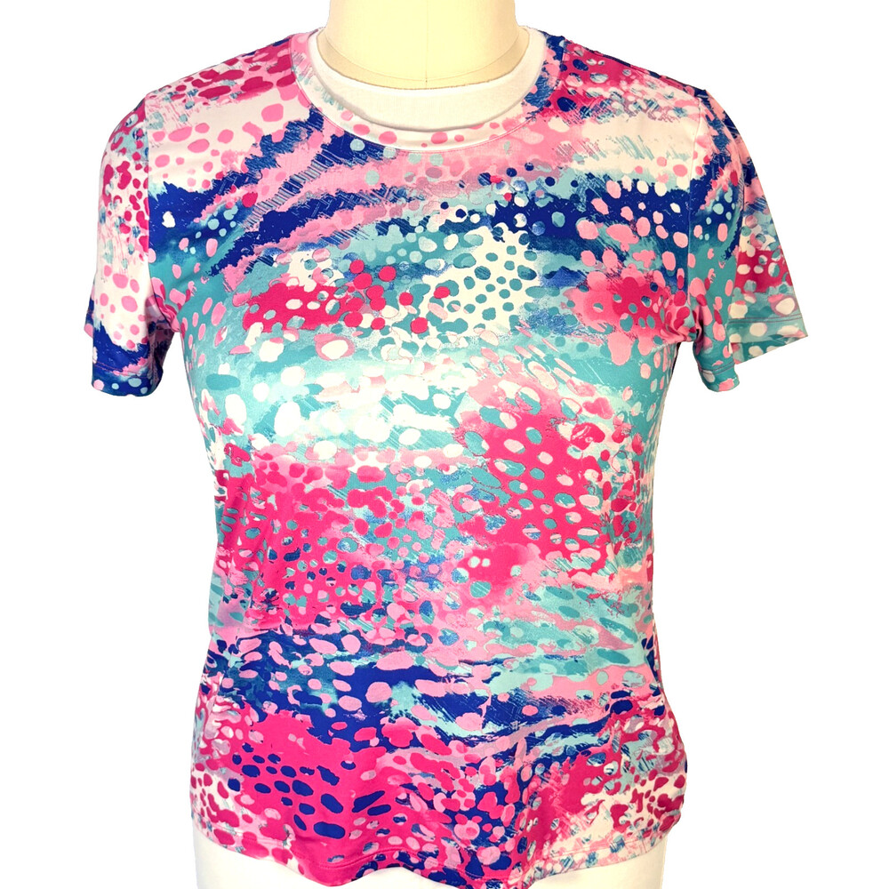 Coral Bay Rashguard Tee Shirt Women's Petite L Abstract Spots Pink Green